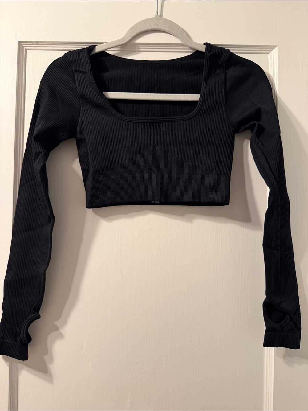 Ribbed Long Sleeve Scoop Crop Top - Black